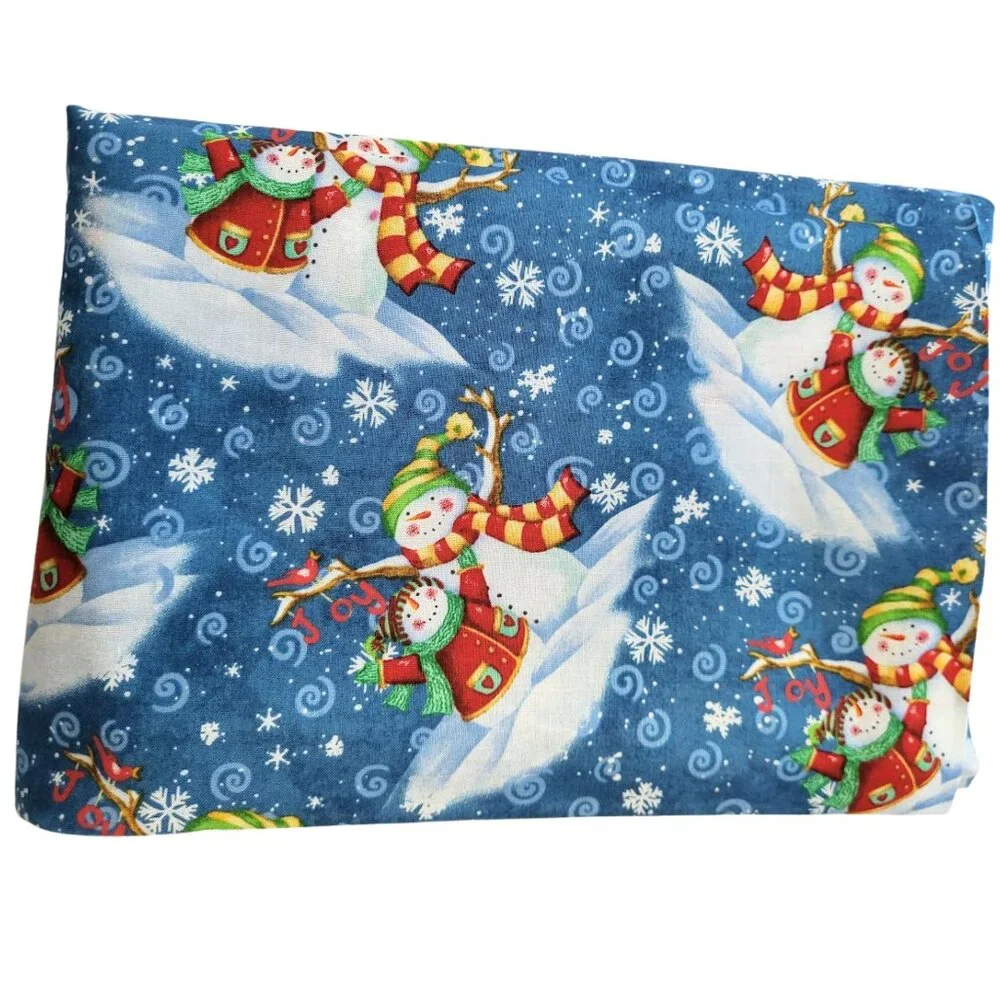 Vintage 2000s Multi-Colored Snowman & Snowflakes Cotton Fabric - 1.55 Yards